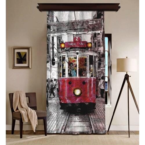 Cipcici Nostalgic Tramway Blackout Curtain Unisex Kids Living Room Decorative Elite Child Grey Cars Street Red