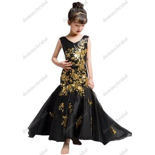 Sparkly Black and Gold Flowers Mermaid Toddler Junior Prom Pageant Dresses for Little Girls Birthday Party First Communion Dress