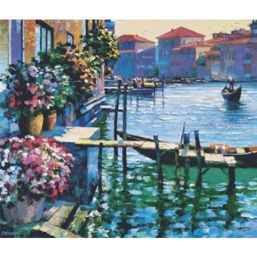 Oil painting pond cross stitch package landscape 18ct 14ct 11ct cloth cotton thread embroidery DIY handmade needlework