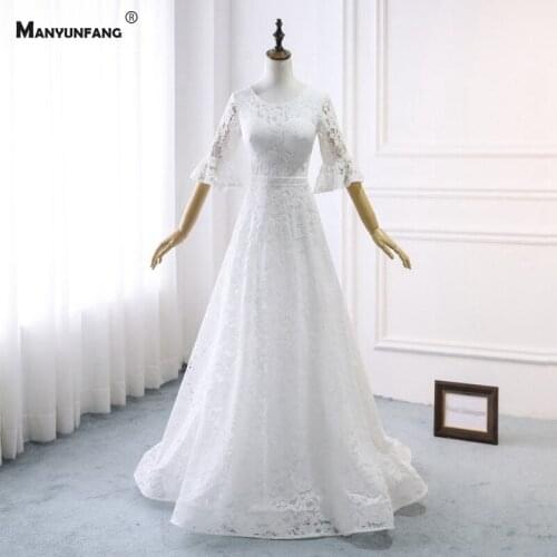 Custom Made 2021 New Arrival O-Neck Flare Sleeve Lace Appliques A-Line Wedding Dress Elegant Court Train Zipper Back Bridal Gown