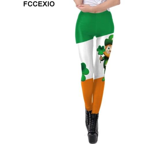 FCCEXIO Lucky Clover Leggings For Woman St Patricks Day Shamrock Pants Plus Size Party Irish Elastic Fitness Slim Leggins