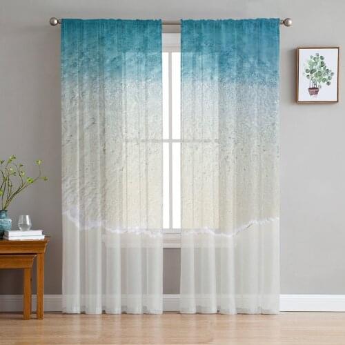 Ocean Beach Wave Print Sheer Window Panel Curtains Room for Living Room Bedroom Kitchen Room Chiffon Tulle Curtains