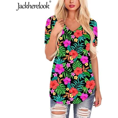 Jackherelook Casual Loose Tops Hawaiian Hibiscus Tropical Floral Pattern Woman Blouse Short Sleeve Shirt Blusas Camisas Mujer