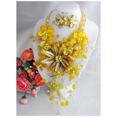 Wedding Flower Jewelry Set Perfect African Yellow Shell Beads Flower Necklace Earring For Party Birthday Jewelry
