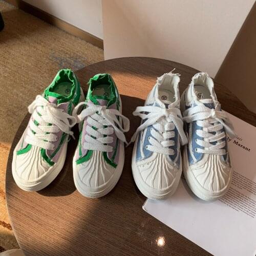 2021 Autumn New Girl Shoes Cloth Canvas Color Matching Lace Up Retro Vintage Lavender Green Sky Blue Women Gumshoes Sneakers