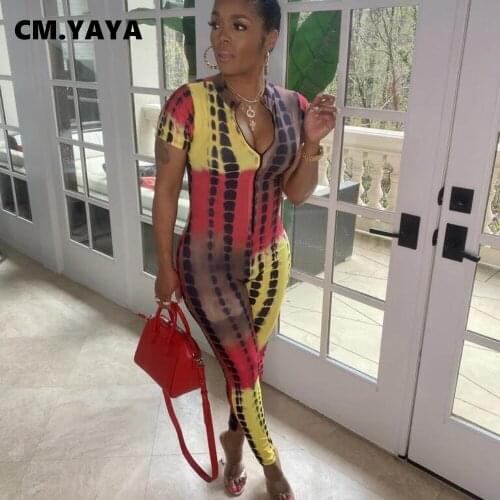 CM.YAYA Women Jumpsuit Print Short Sleeve Zip Half High Collar Sheath Elastic Ankle Length Jumpsuits Casual Outfit Summer 2021