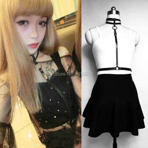 Handmade Sexy Harajuku Real Leather Women Harness, Double Rows Collar Choker Attach to Wasit Belt Straps