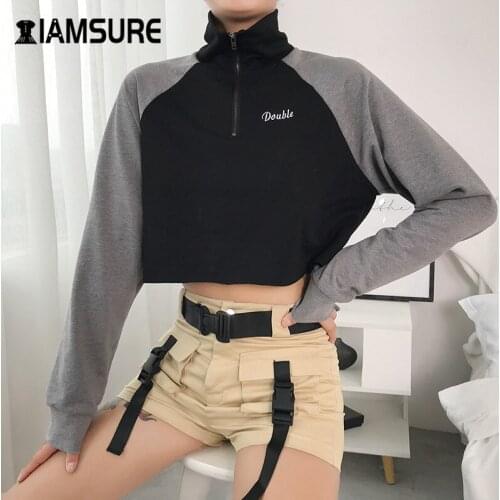 IAMSURE Autumn Fashion Contrast Color Long Sleeve Cropped Sweatshirt Women Letter Embroidered Streetwear Casual Female Pullover