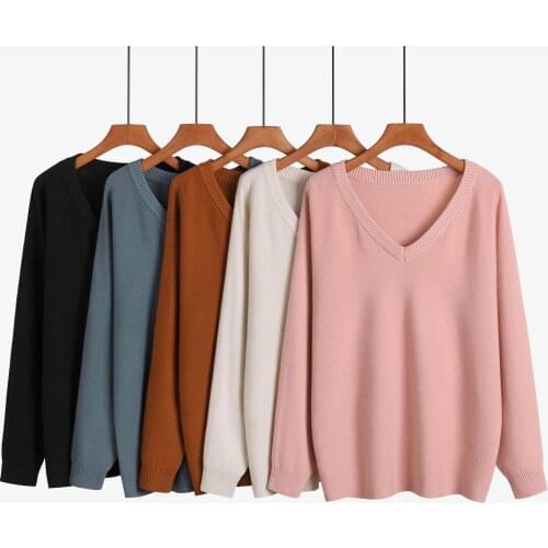 High Quality Women Girl Winter full Sleeve Pullover V Neck Knitted Casual Loose sweaters Cute Knitwear Outwear jumper Tops