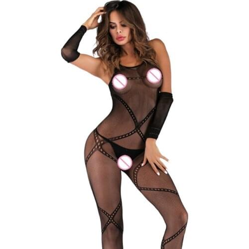 Women Hollow Lingerie Underwear Jumpsuit Transparent Stockings Set Bodysuit Fishnet Transparent Bodystocking With Sloves