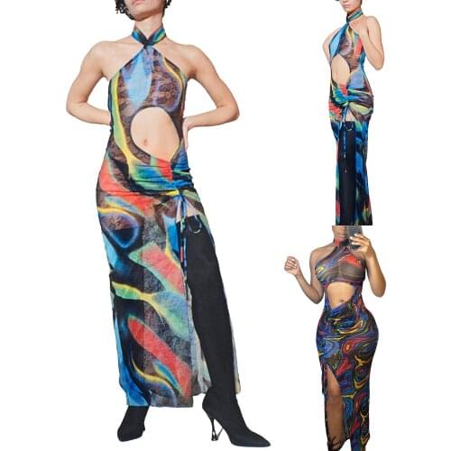 Women Printed Hollow-out Halter Dress, See-through Sleeveless Side Split High Waist Long Dress
