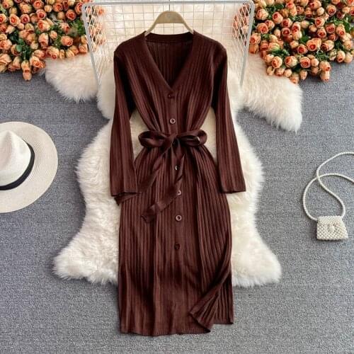 SHIJIA Brown Knit Dress Woman Clothing Autumn Single Breasted V-neck Bodycon Dress Female Winter Korean Fashion Knitwear