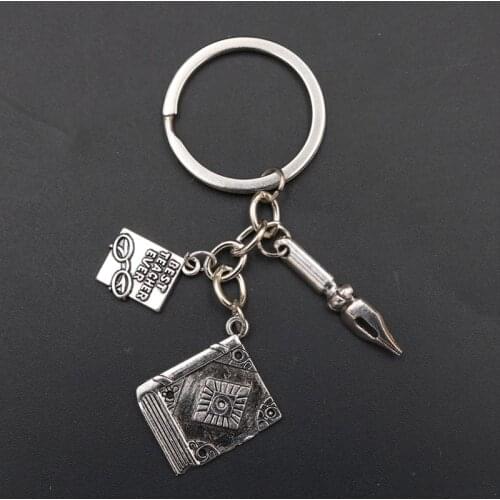 WKOUD 1PC Silver Plated Best Teacher Ever Charm Book Fountain Pen Keychain Creative DIY Metal Jewelry Alloy Keychain A1672