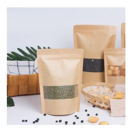 100pcs Zip Lock Kraft Paper Bag with Frosted Window Tea Packaging Gift Bag Food Stand Up Pouches Zipper Bag