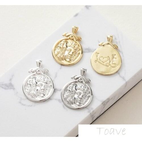 14K Gold Bag Silver round Double Face Relief Face Pendant DIY Personality Necklace Ear Stud Material 4pcs