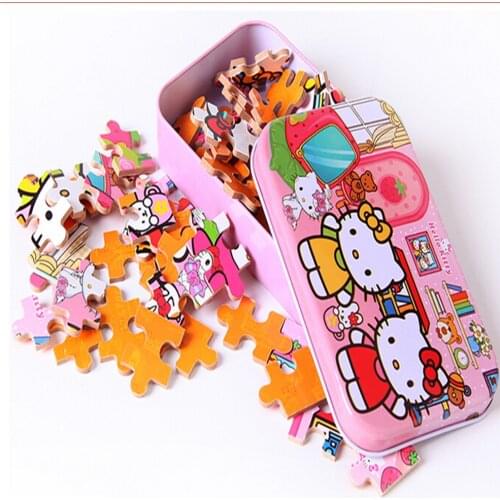 60pcs/set Wooden Puzzle Cartoon Toys 3D Wood Puzzle Iron Box Package Jigsaw Puzzle for Children Kids Early Educational Toys