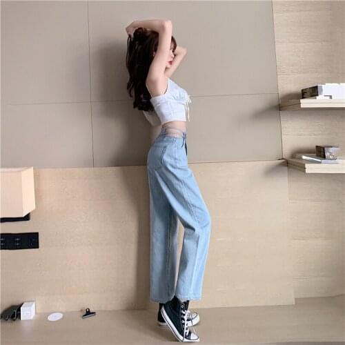 Hollow Out 2021 New Summer High Waist Womens Fashion Loose Denim Sexy Pants Casual Vintage Wide leg Jeans Trousers Women KZ210