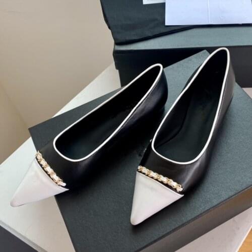Fashion Pointed Toe Chain Brand Ballet Flats Female Black White Color Matching Four Seasons Shoes Women Spring Ladies Dress Shoe