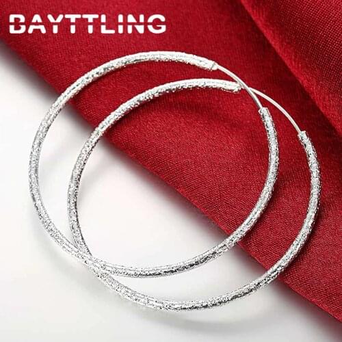 BAYTTLING 925 Sterling Silver 51MM Exquisite Frosted Big Hoop Earrings For Women Lady Fashion Luxury Wedding Party Jewelry Gifts