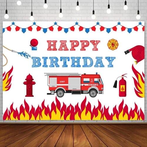 Firefighter Happy Birthday Backdrop Fireman Fire Truck Extinguisher Boy Backgrounds Photography Studio Photocall Photozone Decor