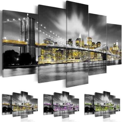 City Night Scene Construction Scenery Wall Art Canvas Painting Prints 5 Pieces Modern Modular Pictures Living Room Home Decor