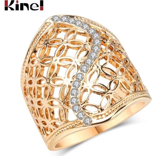 Free Shipping Fashion Hollow Big Ring For Women Gold Color Fine Jewelry Vintage Wedding Crystal Gift Hot