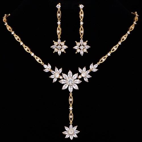 Vintage Gold Deep V Cubic Zirconia Wedding Necklace and Earring Set For Women Party Jewelry Girlfriend Gift CZL-6022