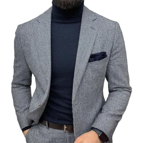 Suit Top Smart Casual For Man Plaid Singal Breasted England Style Thick Woolen Male Fashion 2021 Winter