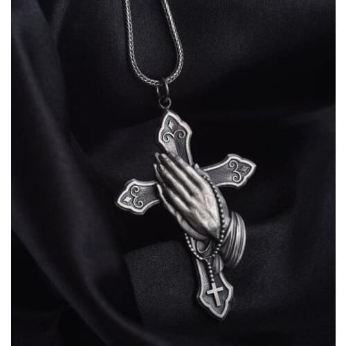 Vintage Silver Colour Metal Pure Tin Cross Pendant Necklace For Men Women Classic Hands Together Prayer Necklace Jewellery