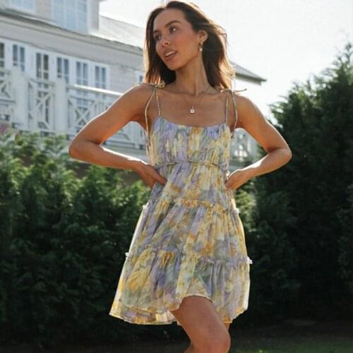 Summer 2021 Cascading Ruffled Sling Chiffon Dress Retro Bohemian Floral Dress