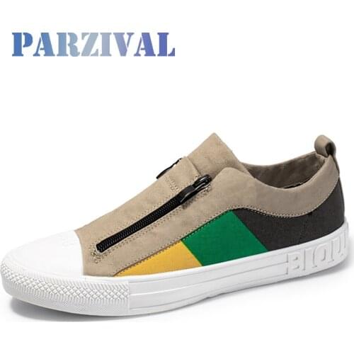 PARZIVAL Men Fashion Canvas Shoes Student Flat Casual Vulcanized Shoes Colorblock Comfortable Breathable Mens Footwear Zipper