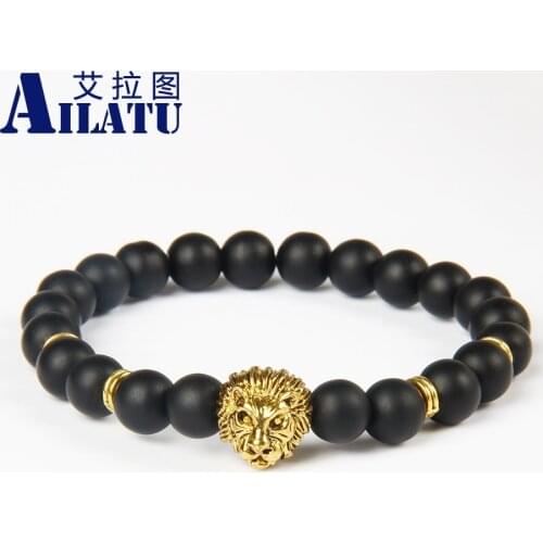 Ailatu Men Bracelet Made by 8mm Black Matte Stone Beads with Antique Color Lion Head
