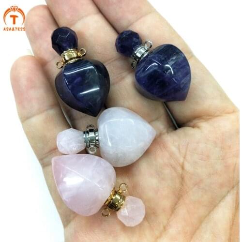 Natural Amethyst Rose Quartz Perfume bottle Faceted Essential Oils Diffuser Drop Vial Charm For Necklace Jewelry Making DIY