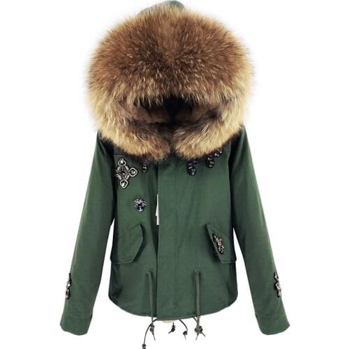 New womens jacket embroidery handmade beaded winter coat oversized raccoon fur collar fashion hooded fur liner thickening