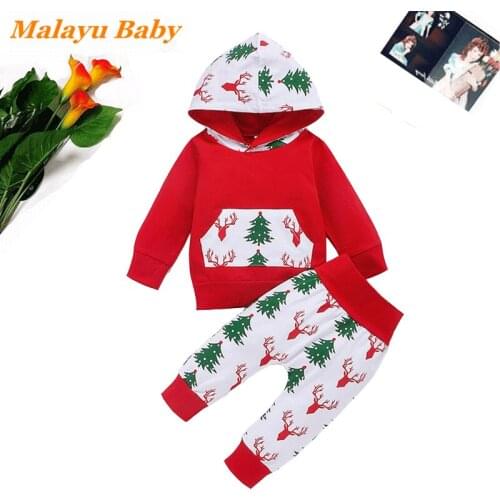 Malayu Baby Infant Girls Boys Christmas Clothing Sets 2021 New Fashion Newborns Hooded Pullover Clothes Cartoon Pants Outfits