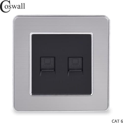 COSWALL Silver Stainless Steel Panel Dual CAT6E RJ45 Internet Connector Outlet Tool-free Quick-wireable Wall Socket Black Color
