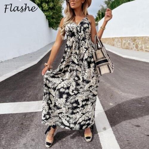 Summer Boho Floral Print Dress Women Lantern Sleeveless Party Dresses V Neck Beach Boho Dress Female Vacation Long Dress
