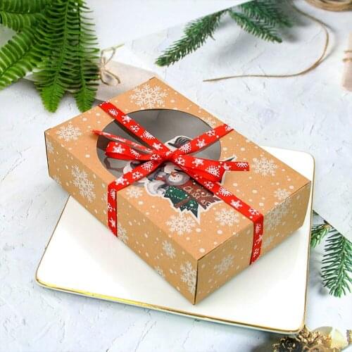 6pcs/Set Christmas Gift Boxes New Year Kraft Paper Favors Boxes With Clear Window Cookie Treats Candy Pastry Art Package Box
