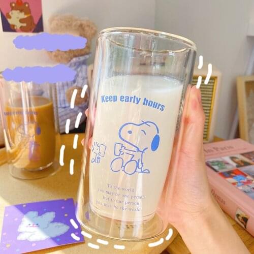 Cute Double Layer Glass Cups Transparent Heat-resistant Coffee Mug Tea Milk Fruit Juice Cup Simple Office Home Water Cups 350ml