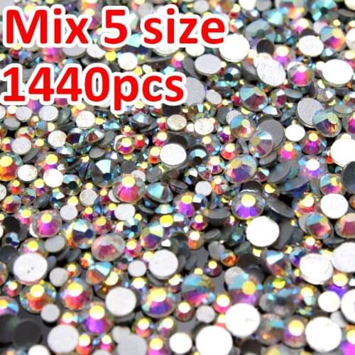 Mix Sizes 1440pcs/Lot ,Non HotFix Rhinestone Clear AB SS6 SS8 SS10 SS12 SS16 nail glitters FlatBack Rhinestones crystals stone