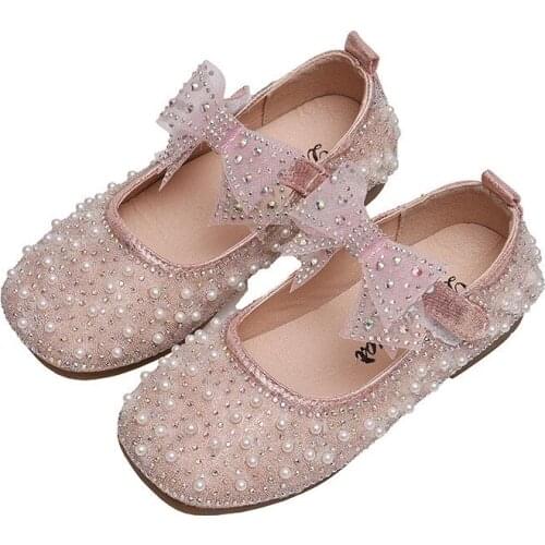 New Spring Autumn New Girls Single Princess Shoes Pearl Shallow Childrens Flat Shoes Kid Baby Bowknot Shoes