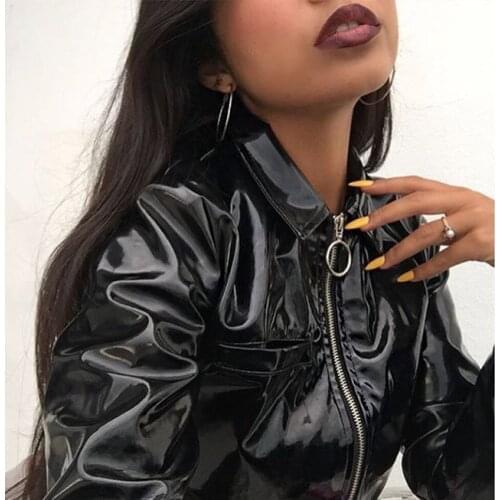 Vintage punk rok gothic PU Leather Jacket black shiny PU punk Jaqueta De Couro zipper ring Jacket Women Glossy coat with choker