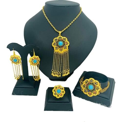 Dubai Jewelry sets Ethiopian Earrings Gold Color Necklace Ring Bracelet for Women Girls Eritrean/African/Arabic Wedding Gift