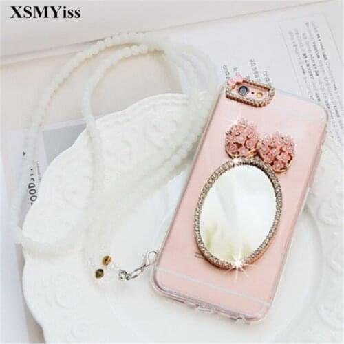 XSMYiss For Samsung S5 S6 S7 edge S8 S9 Plus Note 3 4 5 8 Cute Bow Rhinestone Bowknot mirror Phone case Soft clear Back Cover