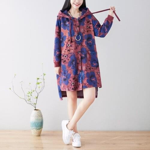 New arrival vintage printing long windbreaker hooded fashion casual womens large size personality drawstring spring autumn coat