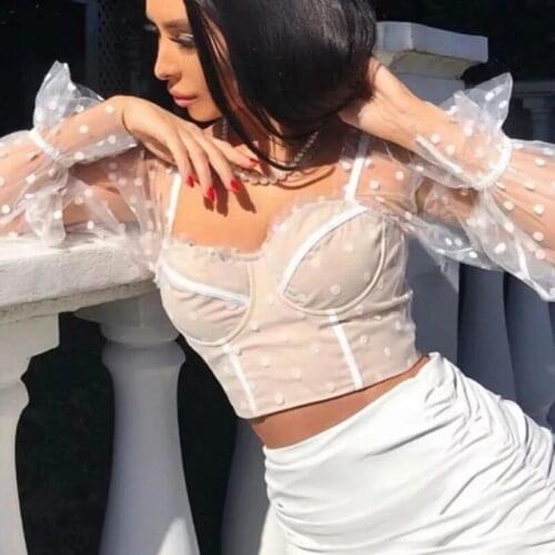 Sexy Net Yarn Perspective Y2k Top Stitching Trumpet Sleeves Exposed Navel T-shirt Women New Womens 2021 New Summer Polka-dot