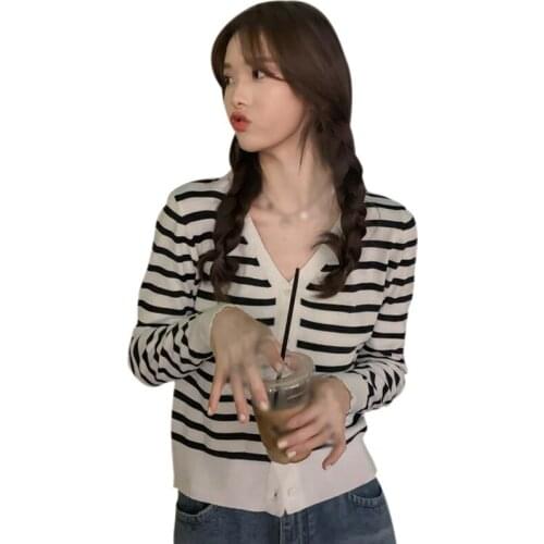 Womens Solid V Neck Stripe Loose Casual Tshirt Sun Protection Button up Knitted Long Sleeve Cardigan Tops