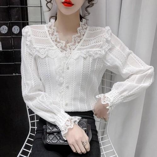 Women 2021 Spring Autumn Fashion Solid Color Lace Shirts Female Ruffled Casual Shirts Ladies New V-neck Thin Blouses W99