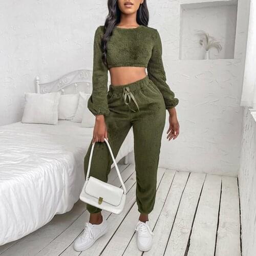 Womens Two Piece Tracksuit Sweatshirts Trousers Set solid Color Long Sleeve Winter Plush Sweater Knitting Sportwear Set 2021