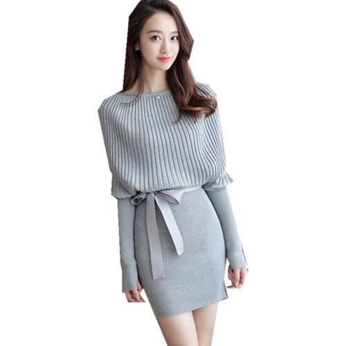 New Women Sweater Dress Slim Batwing Sleeve Bodycon Dresses Elastic Dress Brief Black Knitted Dress vestidos with belt 972